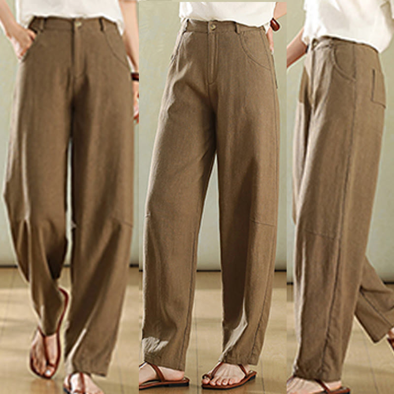 Pantalones de lino para mujer con bolsillos y botones de color puro Buddha Stones - image 2