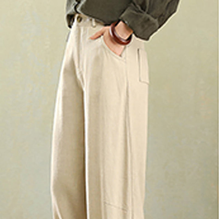 Pantalones de lino para mujer con bolsillos y botones de color puro Buddha Stones - image 6