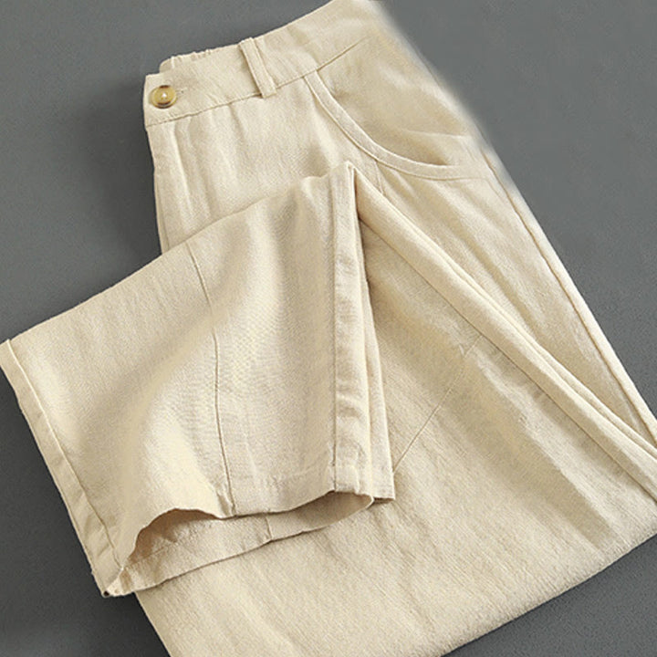 Pantalones de lino para mujer con bolsillos y botones de color puro Buddha Stones - image 12