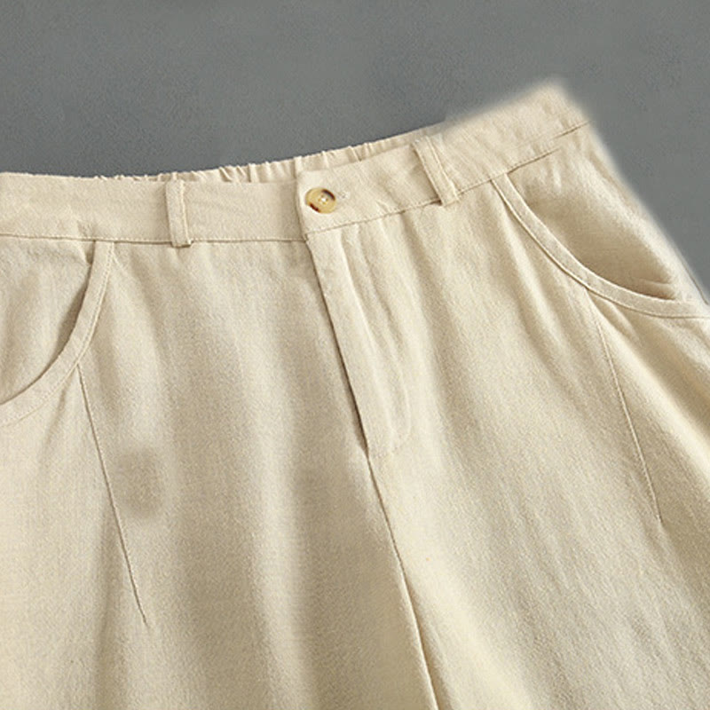 Pantalones de lino para mujer con bolsillos y botones de color puro Buddha Stones - image 9