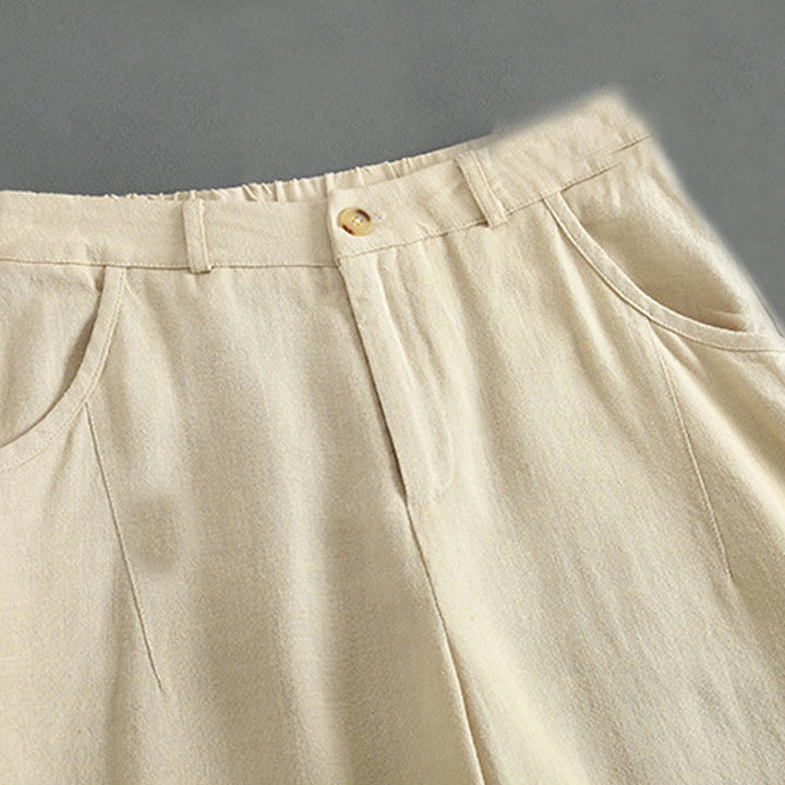 Pantalones de lino para mujer con bolsillos y botones de color puro Buddha Stones - image 9