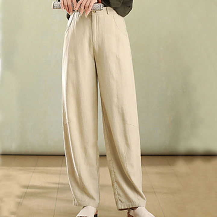 Pantalones de lino para mujer con bolsillos y botones de color puro Buddha Stones - Barba de maíz - US6，UK/AU10，EU38 (XL) - image 3