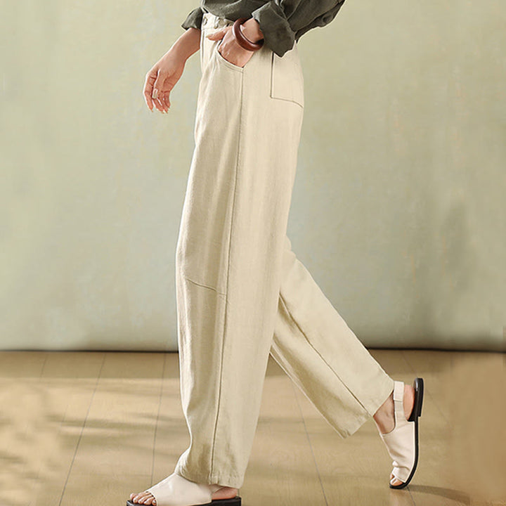 Pantalones de lino para mujer con bolsillos y botones de color puro Buddha Stones - image 4