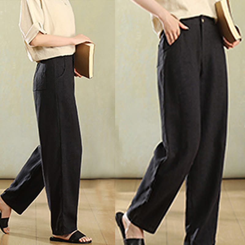 Pantalones de lino para mujer con bolsillos y botones de color puro Buddha Stones - image 15