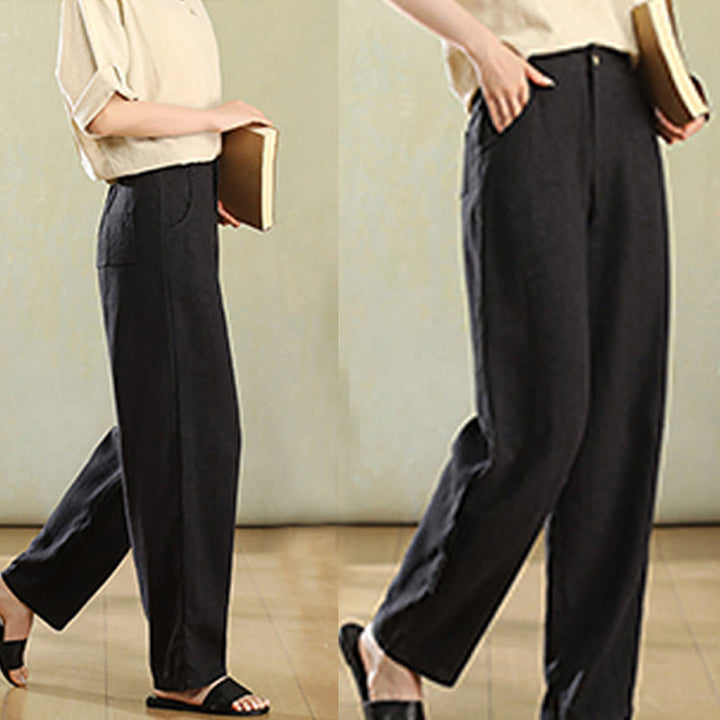 Pantalones de lino para mujer con bolsillos y botones de color puro Buddha Stones - image 15