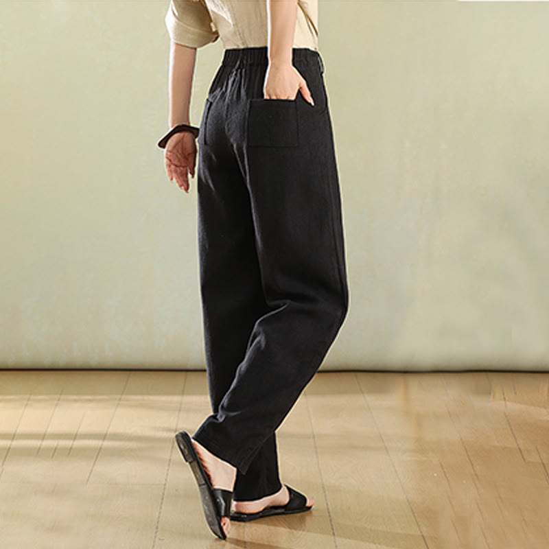 Pantalones de lino para mujer con bolsillos y botones de color puro Buddha Stones - image 14