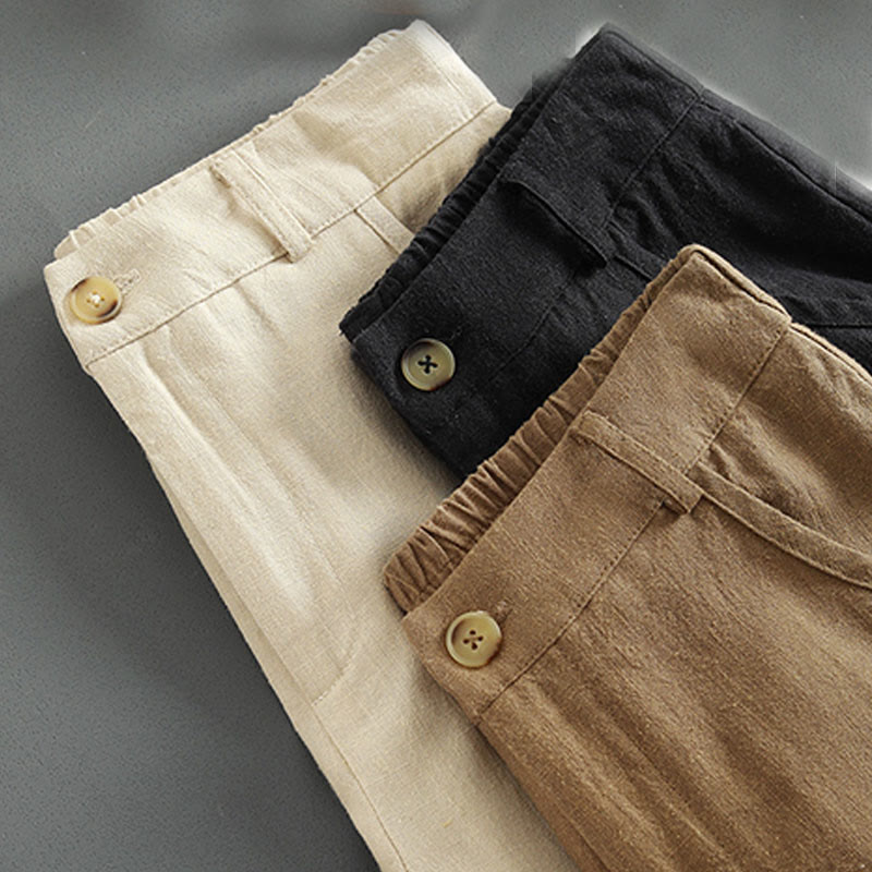 Pantalones de lino para mujer con bolsillos y botones de color puro Buddha Stones - image 16
