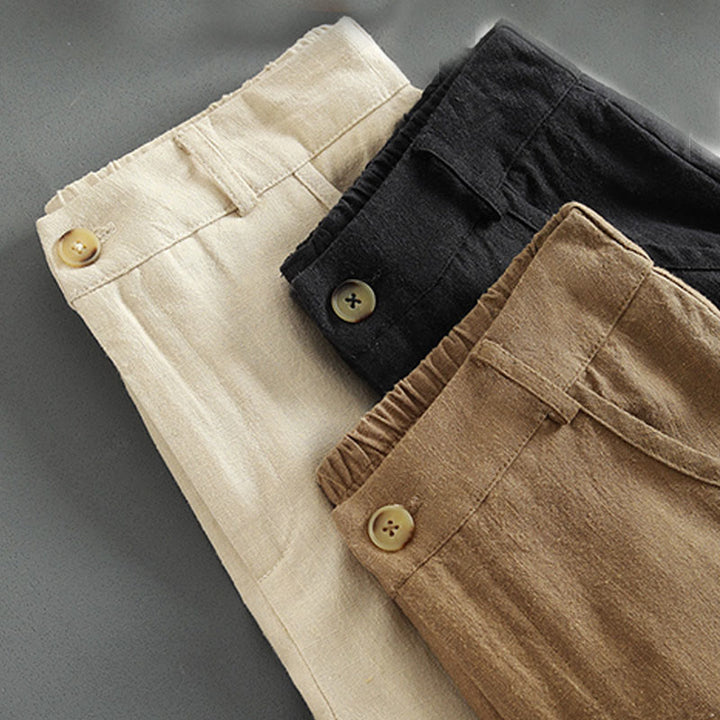 Pantalones de lino para mujer con bolsillos y botones de color puro Buddha Stones - image 16