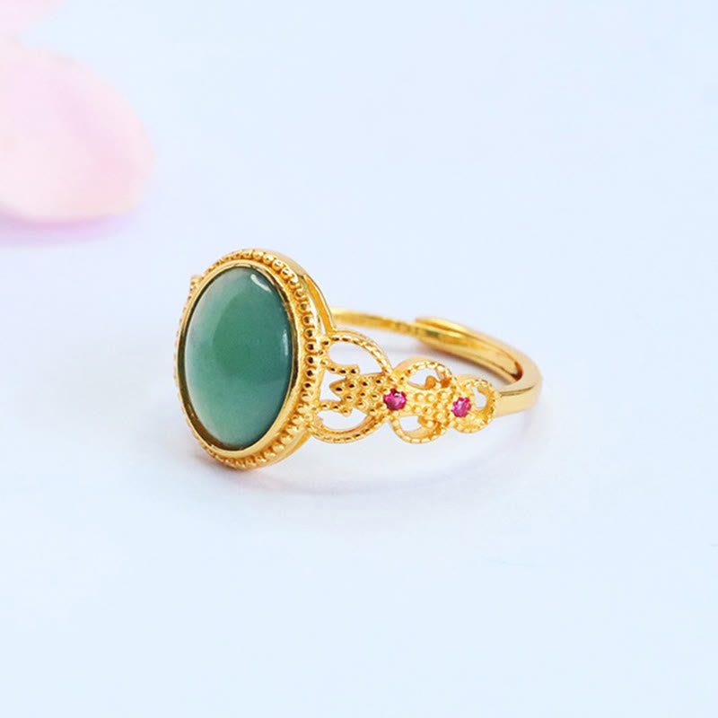 Anillo de jade de la suerte con diseño hueco de Buddha Stones , chapado en oro y plata de ley 925 natural - image 1