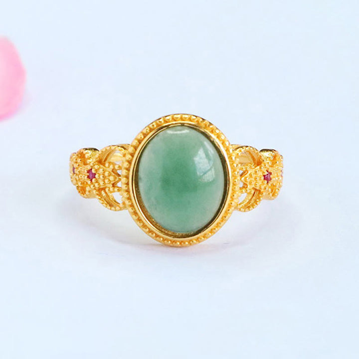 Anillo de jade de la suerte con diseño hueco de Buddha Stones , chapado en oro y plata de ley 925 natural - Jade - image 1