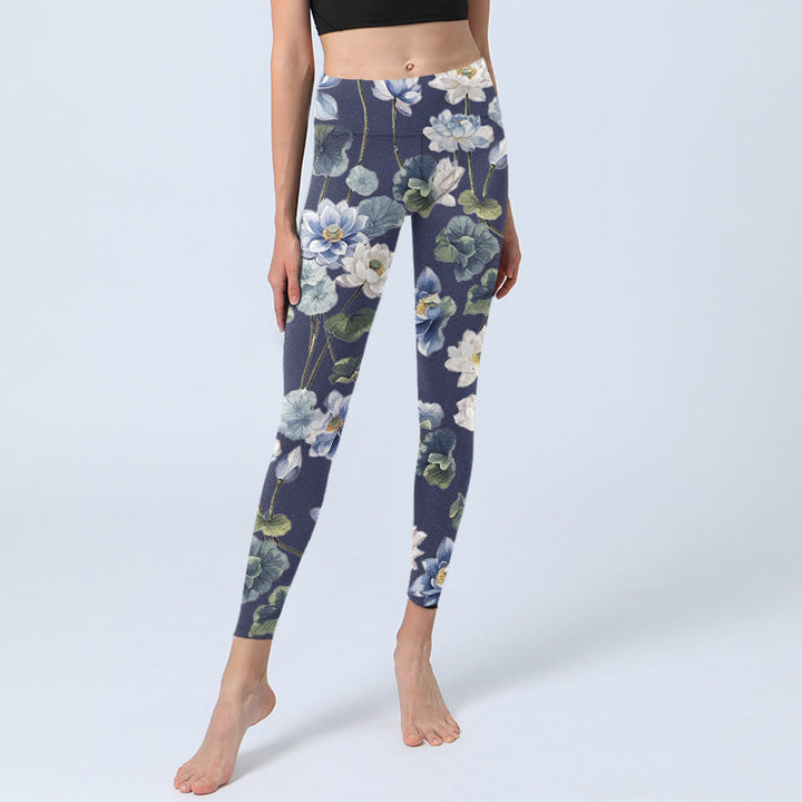 Leggings de yoga para mujer con estampado de pintura al óleo de flores de loto azules y blancas y Buddha Stones - image 6