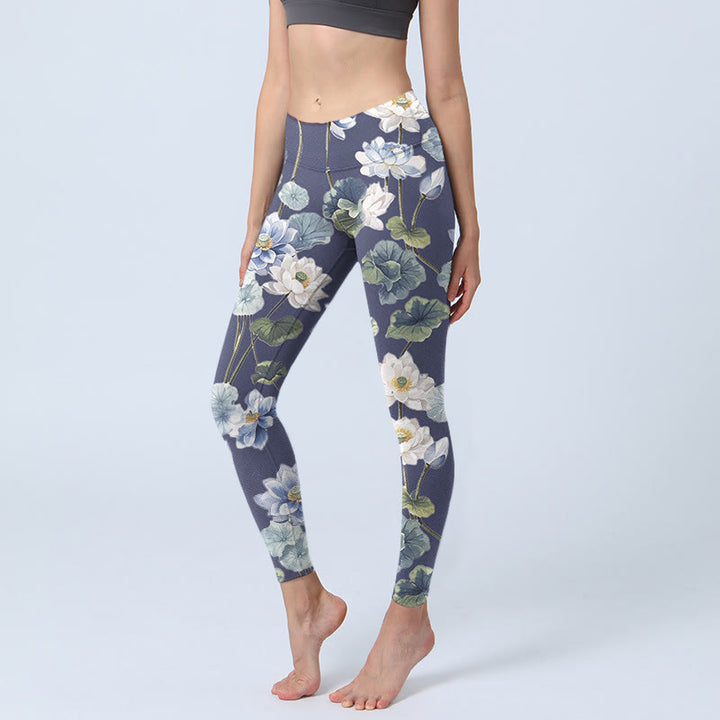 Leggings de yoga para mujer con estampado de pintura al óleo de flores de loto azules y blancas y Buddha Stones - Azul acero - US18，UK/AU22，EU50 (4XL) - image 0