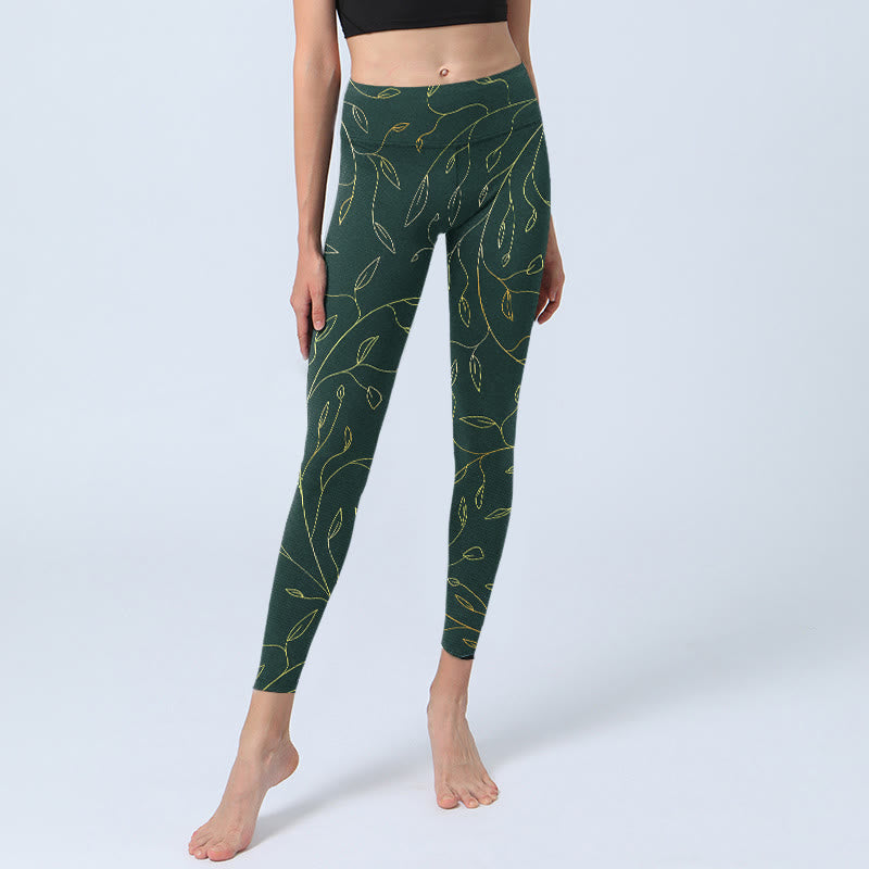 Leggings de yoga para mujer con estampado de hojas verdes doradas y ramas de Buddha Stones - image 5