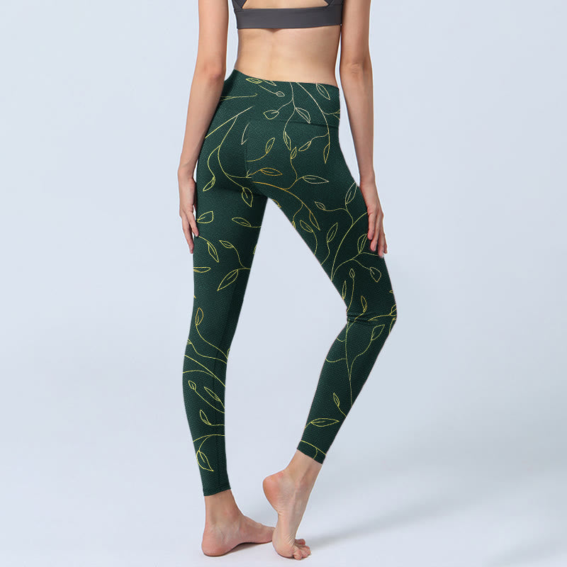 Leggings de yoga para mujer con estampado de hojas verdes doradas y ramas de Buddha Stones - image 5