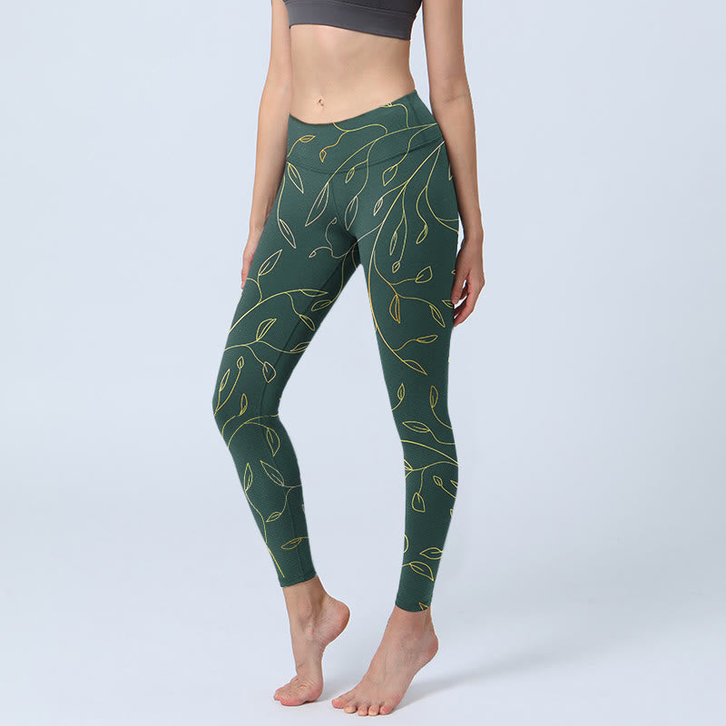Leggings de yoga para mujer con estampado de hojas verdes doradas y ramas de Buddha Stones - Verdemar - US18，UK/AU22，EU50 (4XL) - image 0