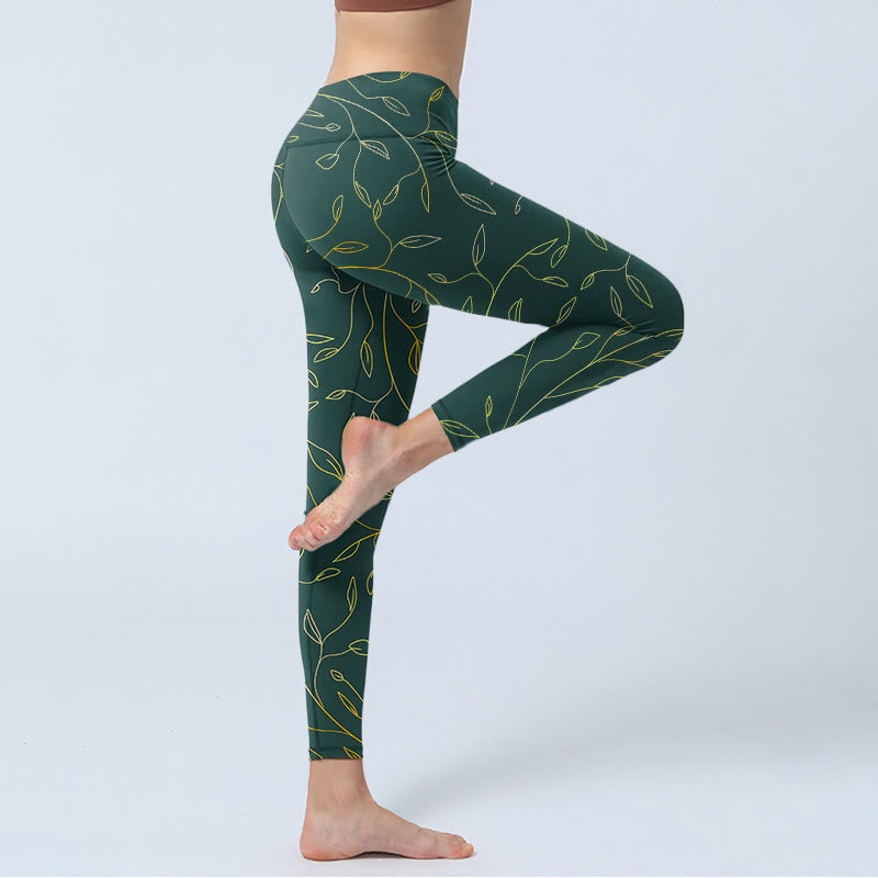 Leggings de yoga para mujer con estampado de hojas verdes doradas y ramas de Buddha Stones - image 3