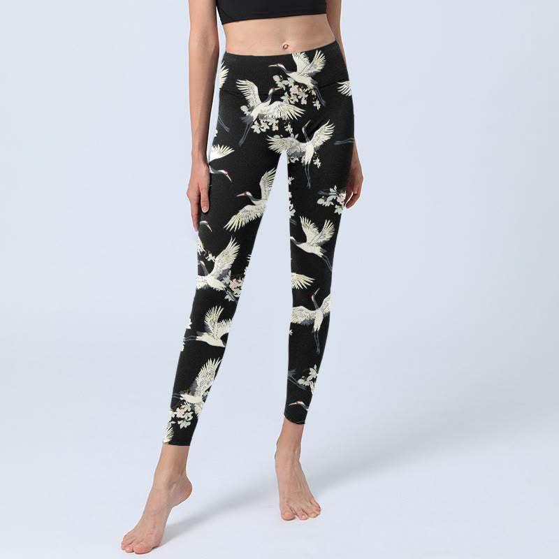 Leggings de yoga para mujer con estampado de grullas blancas, flores y piedras de Buddha Stones - image 5
