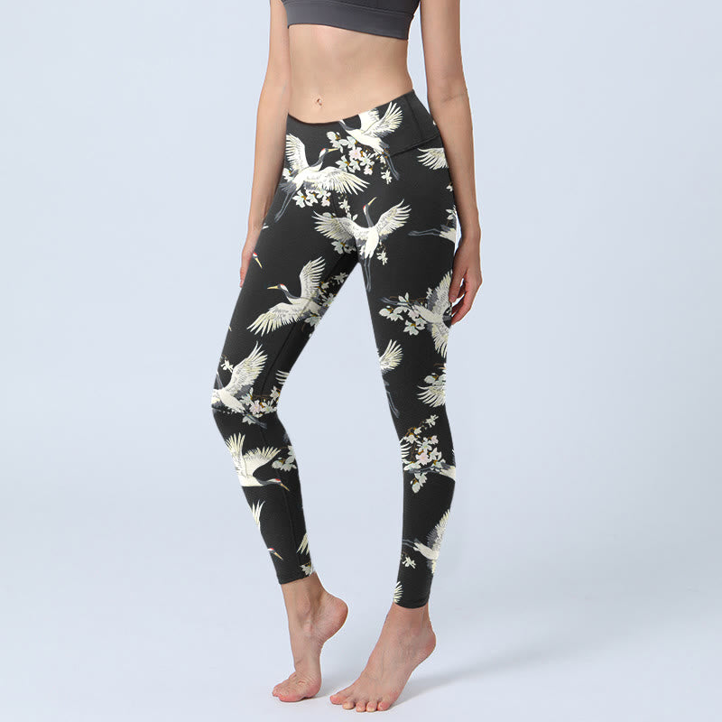 Leggings de yoga para mujer con estampado de grullas blancas, flores y piedras de Buddha Stones - Negro - US18，UK/AU22，EU50 (4XL) - image 1