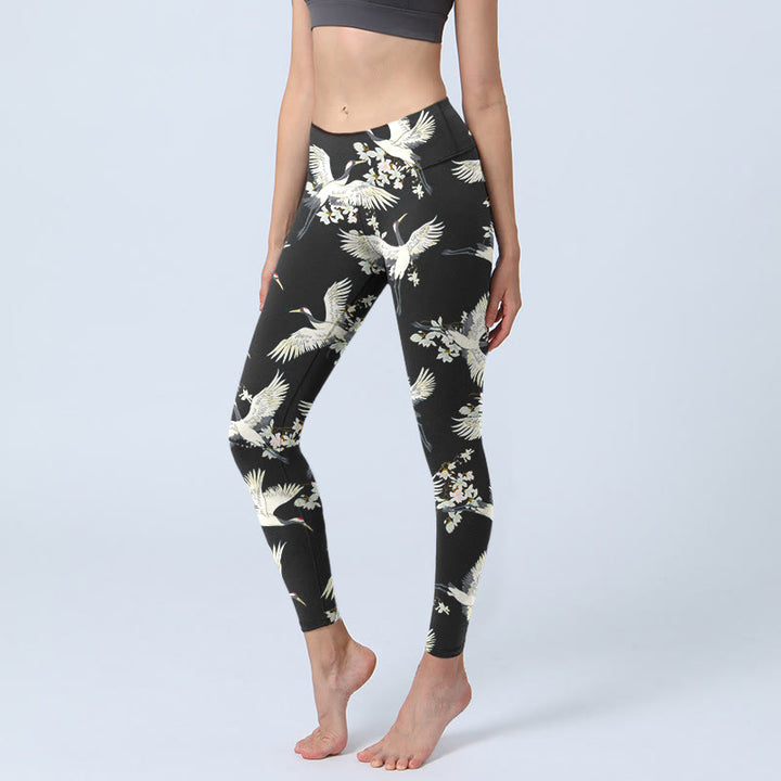 Leggings de yoga para mujer con estampado de grullas blancas, flores y piedras de Buddha Stones - Negro - US18，UK/AU22，EU50 (4XL) - image 1
