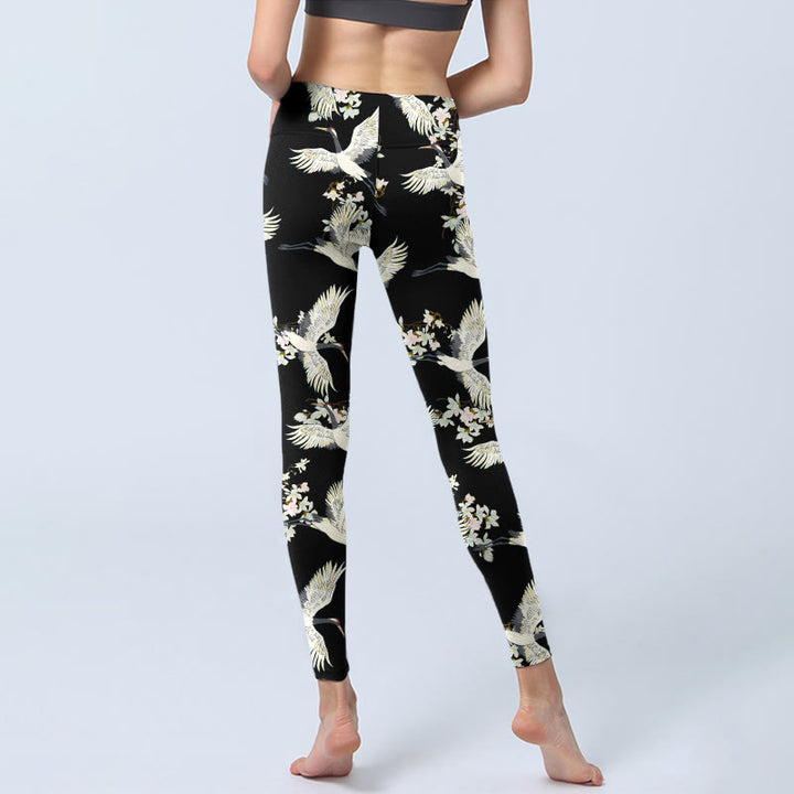 Leggings de yoga para mujer con estampado de grullas blancas, flores y piedras de Buddha Stones - image 7