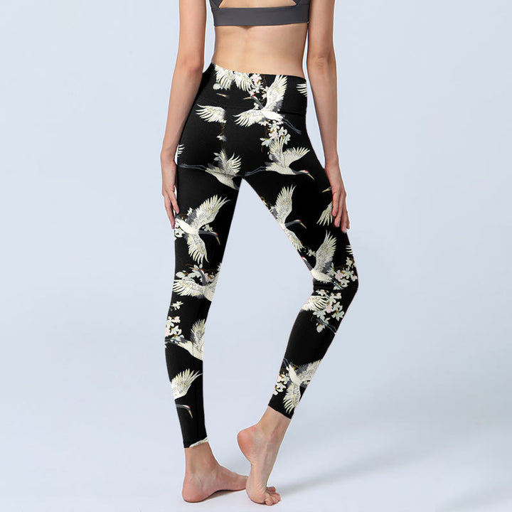 Leggings de yoga para mujer con estampado de grullas blancas, flores y piedras de Buddha Stones - image 4