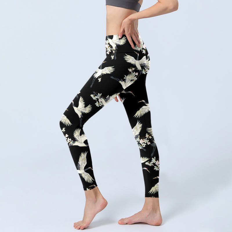 Leggings de yoga para mujer con estampado de grullas blancas, flores y piedras de Buddha Stones - image 3