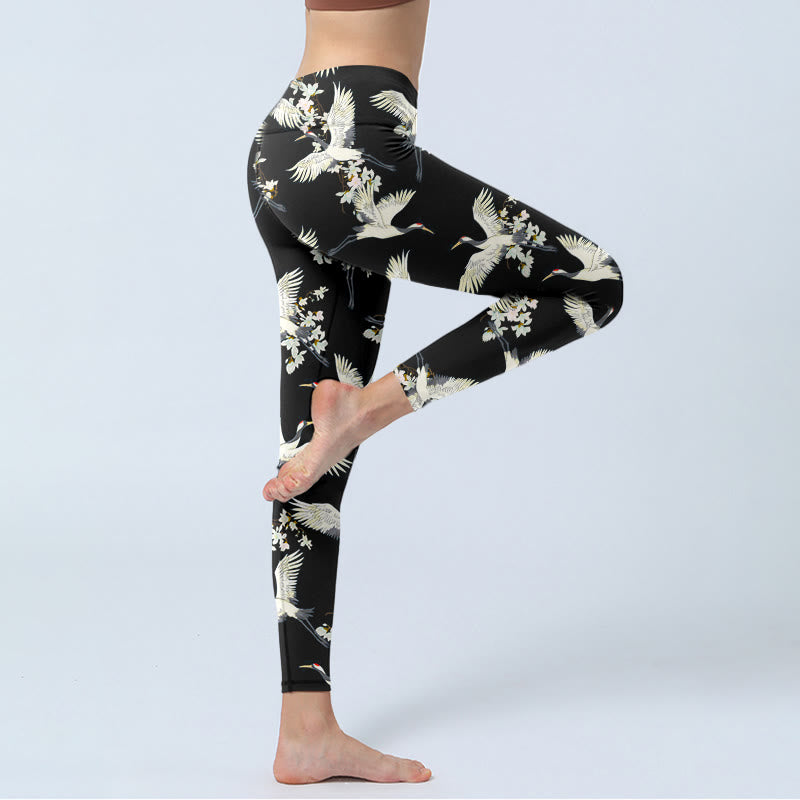 Leggings de yoga para mujer con estampado de grullas blancas, flores y piedras de Buddha Stones - image 5