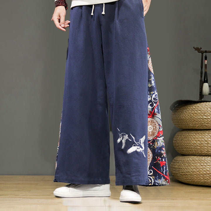 Pantalones anchos de lino y algodón para hombre con bordado de Buddha Stones y bolsillos, con cordón ajustable - Azul acero - US/UK/AU46, EU56 (5XL) - image 1