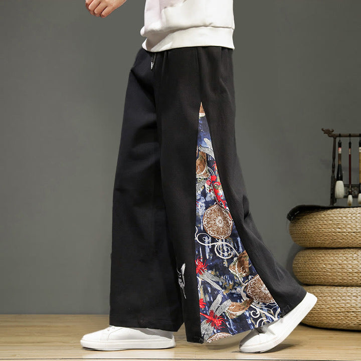 Pantalones anchos de lino y algodón para hombre con bordado de Buddha Stones y bolsillos, con cordón ajustable - Negro - US/UK/AU46, EU56 (5XL) - image 9
