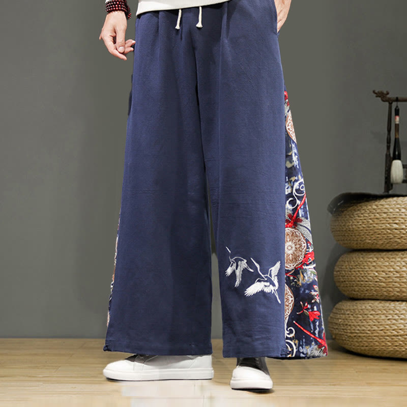 Pantalones anchos de lino y algodón para hombre con bordado de Buddha Stones y bolsillos, con cordón ajustable - Azul acero - US/UK/AU46, EU56 (5XL) - image 0