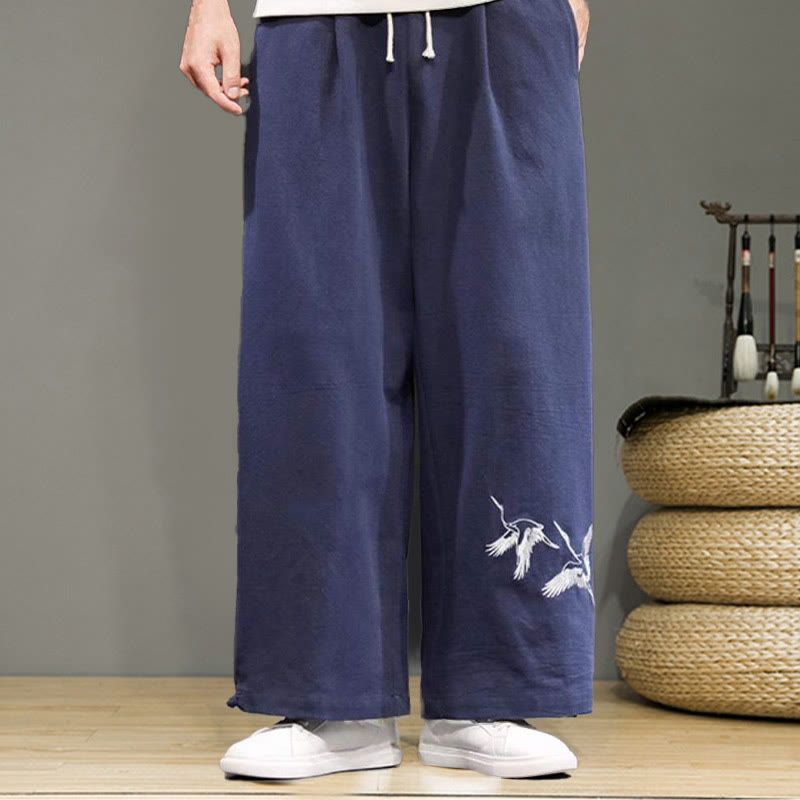Pantalones anchos de lino y algodón para hombre con bordado de Buddha Stones y bolsillos, con cordón ajustable - image 3
