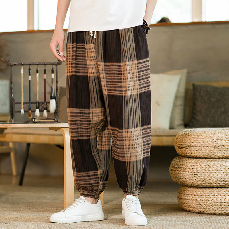 Pantalones harén de lino y algodón con rayas a cuadros de verano para hombre con bolsillos de Buddha Stones - image 3