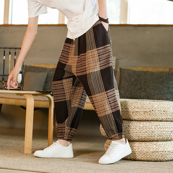 Pantalones harén de lino y algodón con rayas a cuadros de verano para hombre con bolsillos de Buddha Stones - Broncearse - US/UK/AU46, EU56 (5XL) - image 1