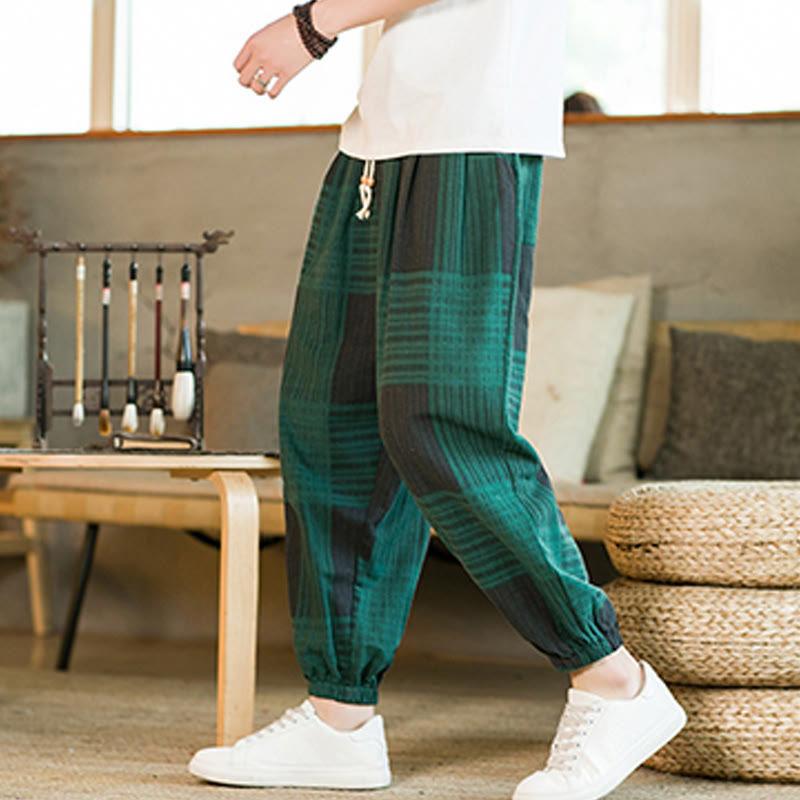 Pantalones harén de lino y algodón con rayas a cuadros de verano para hombre con bolsillos de Buddha Stones - Verde - US/UK/AU46, EU56 (5XL) - image 10