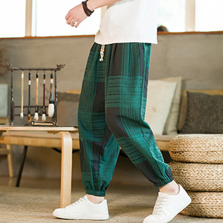 Pantalones harén de lino y algodón con rayas a cuadros de verano para hombre con bolsillos de Buddha Stones - Verde - US/UK/AU46, EU56 (5XL) - image 10