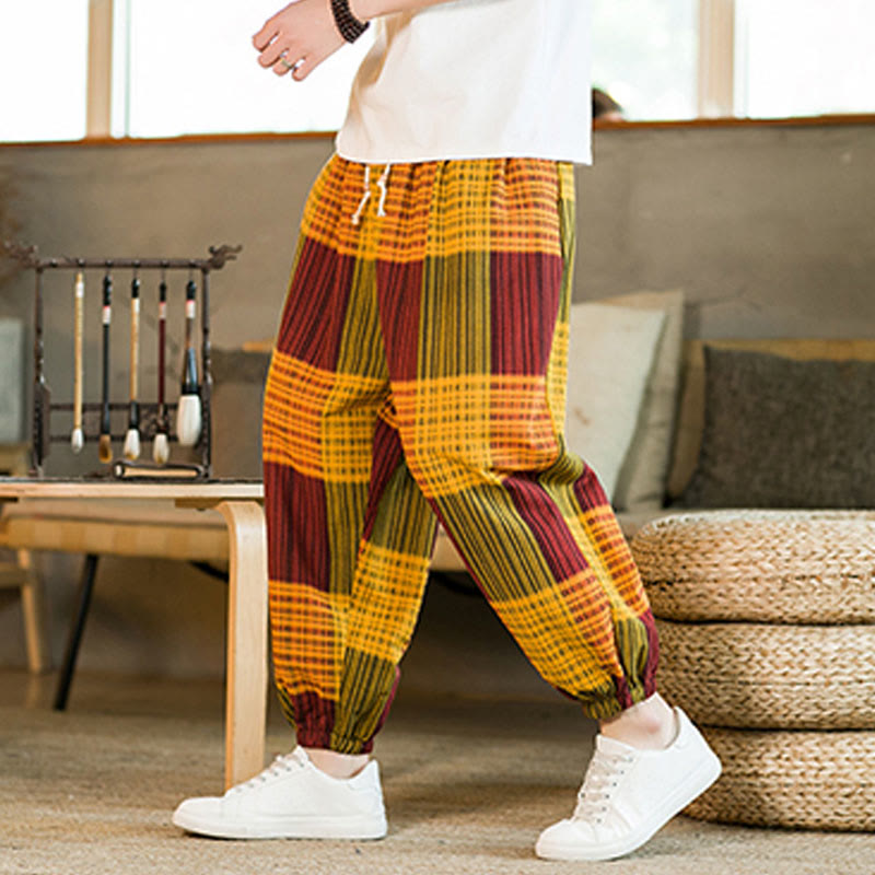 Pantalones harén de lino y algodón con rayas a cuadros de verano para hombre con bolsillos de Buddha Stones - Naranja - US/UK/AU46, EU56 (5XL) - image 20