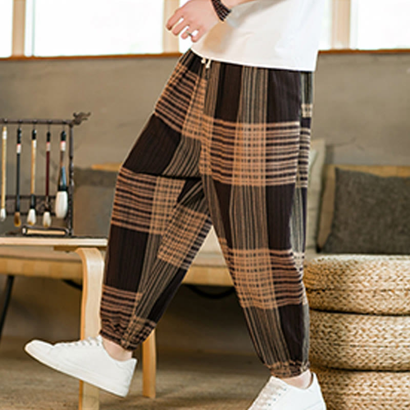 Pantalones harén de lino y algodón con rayas a cuadros de verano para hombre con bolsillos de Buddha Stones - image 6