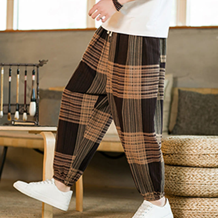 Pantalones harén de lino y algodón con rayas a cuadros de verano para hombre con bolsillos de Buddha Stones - image 6