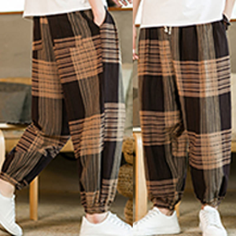 Pantalones harén de lino y algodón con rayas a cuadros de verano para hombre con bolsillos de Buddha Stones - image 9