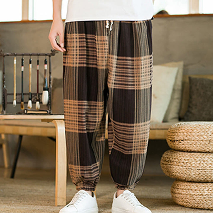 Pantalones harén de lino y algodón con rayas a cuadros de verano para hombre con bolsillos de Buddha Stones - image 8
