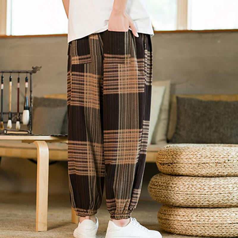 Pantalones harén de lino y algodón con rayas a cuadros de verano para hombre con bolsillos de Buddha Stones - image 5