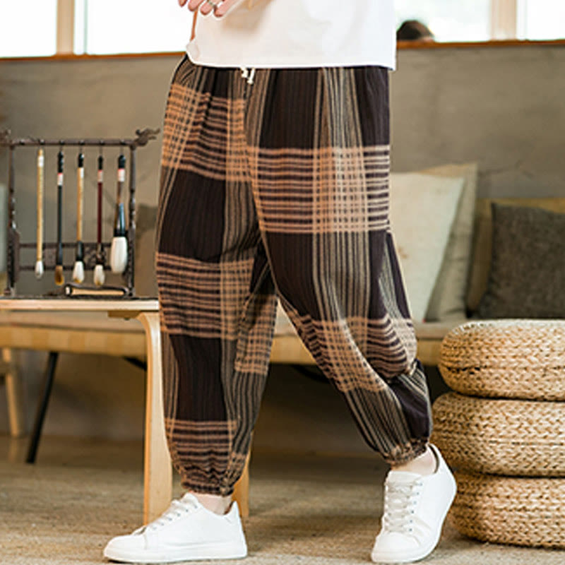 Pantalones harén de lino y algodón con rayas a cuadros de verano para hombre con bolsillos de Buddha Stones - image 2