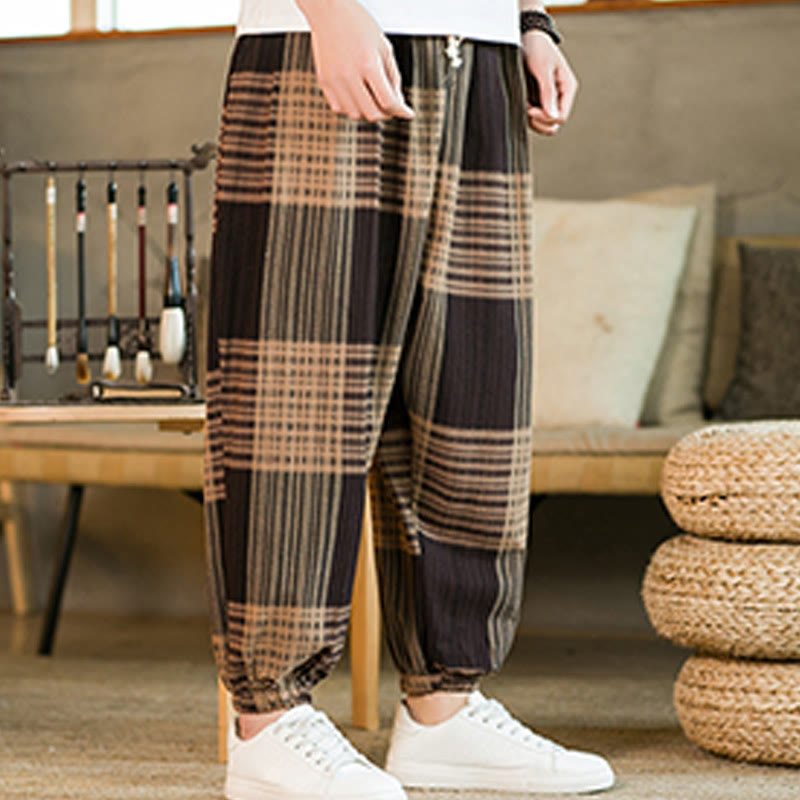 Pantalones harén de lino y algodón con rayas a cuadros de verano para hombre con bolsillos de Buddha Stones - image 4