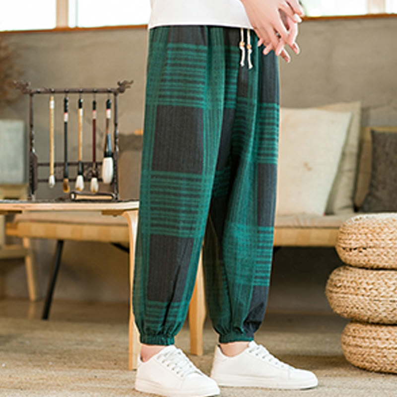 Pantalones harén de lino y algodón con rayas a cuadros de verano para hombre con bolsillos de Buddha Stones - image 12
