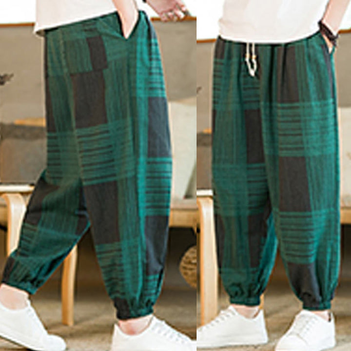 Pantalones harén de lino y algodón con rayas a cuadros de verano para hombre con bolsillos de Buddha Stones - image 19
