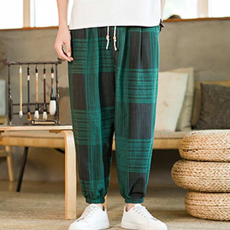 Pantalones harén de lino y algodón con rayas a cuadros de verano para hombre con bolsillos de Buddha Stones - image 15
