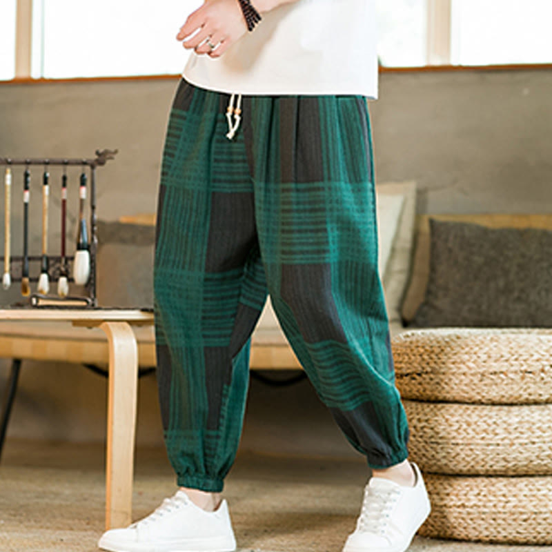 Pantalones harén de lino y algodón con rayas a cuadros de verano para hombre con bolsillos de Buddha Stones - image 11