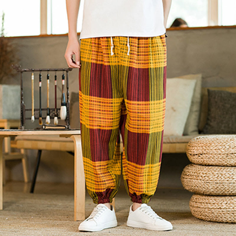 Pantalones harén de lino y algodón con rayas a cuadros de verano para hombre con bolsillos de Buddha Stones - image 21