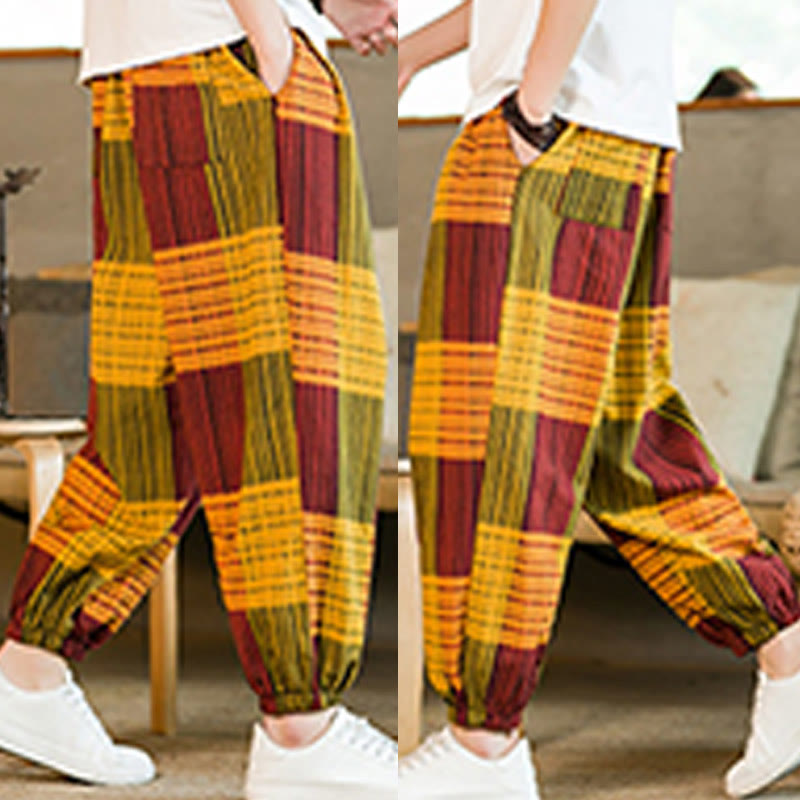 Pantalones harén de lino y algodón con rayas a cuadros de verano para hombre con bolsillos de Buddha Stones - image 27