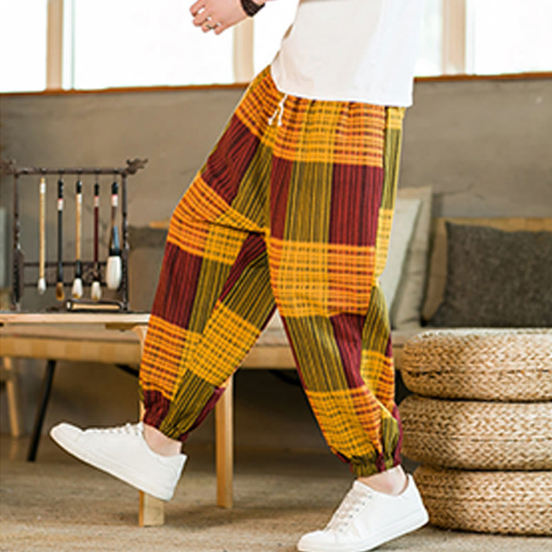 Pantalones harén de lino y algodón con rayas a cuadros de verano para hombre con bolsillos de Buddha Stones - image 25